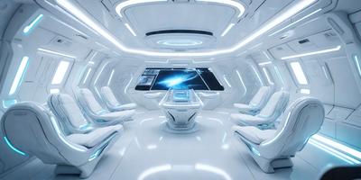The primary subject of the image is a large, white room with a futuristic design. The room features a long, white table with a blue light on it, and a large screen or television mounted on the wall. There are several chairs placed around the room, some of which are positioned near the table. The setting appears to be a modern, high-tech environment, possibly a space station or a futuristic office. The visual style of the image is a combination of digital art and illustration, creating a unique and capt