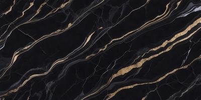 The primary subject of the image is a black and gold marble pattern. The setting is a black background, and the visual style appears to be a photo. The dominant colors are black and gold, creating a luxurious and elegant atmosphere.