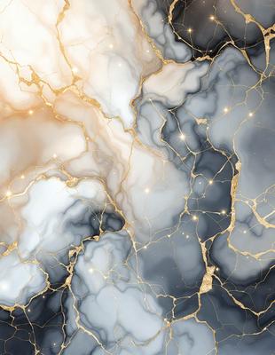 The primary subject of the image is a marble-like surface with gold and black streaks. The setting is a black and white photo, giving it a vintage or artistic appearance. The visual style is a combination of digital art and photography, creating a unique and intriguing pattern. The colors and mood of the image are predominantly black and gold, with a sense of elegance and sophistication.