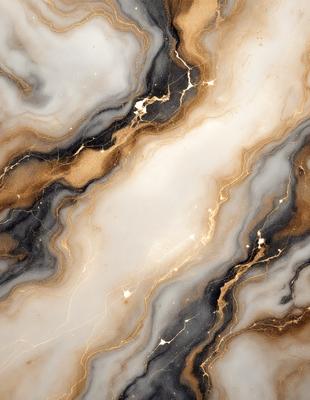 The primary subject of the image is a marble countertop with a unique and intricate design. The setting is a kitchen, and the visual style is a close-up of the marble countertop. The colors and mood of the image are predominantly brown and black, giving it a warm and sophisticated appearance.