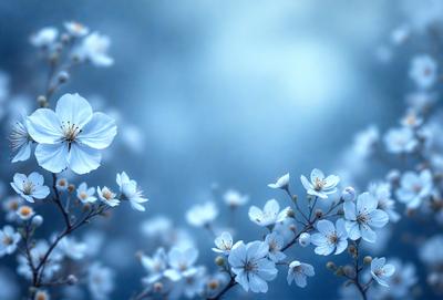 Primary subject: White flowers in a blue sky.

Setting/background: The flowers are floating in a blue sky, with no visible land or other objects.

Visual style: The image is a digital artwork, featuring a blue sky and white flowers.

Colors and mood: The dominant colors are blue and white, creating a serene and calming atmosphere.