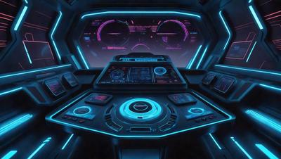 The primary subject of the image is a futuristic control panel with a blue glow. The setting is a space station, as indicated by the presence of a control panel and the overall atmosphere. The visual style is a digital art or illustration, with the blue glow and futuristic design elements creating a unique and captivating scene.