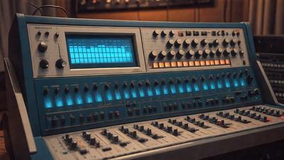 The primary subject of the image is a large, blue, electronic music mixing board. The setting is a room with a wooden floor, and the visual style is a photo. The colors and mood of the image are predominantly blue, creating a calm and focused atmosphere.