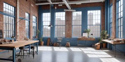 The primary subject of the image is a large, open room with a wooden table and chairs. The room is filled with natural light, creating a bright and inviting atmosphere. The setting is a workspace, possibly a loft or a studio, with a brick wall and a window. The visual style of the image is a photo, capturing the details of the room and the wooden table and chairs. The colors and mood of the image are predominantly neutral, with the wooden table and chairs adding warmth to the