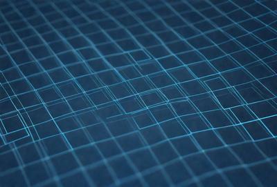 The primary subject of the image is a blue grid pattern. The setting is a dark blue background, which creates a contrast with the grid pattern. The visual style is a digital art or illustration, as the grid pattern appears to be a part of a larger design. The colors and mood of the image are predominantly dark and moody, with the blue grid pattern being the main focal point.