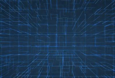 The primary subject of the image is a blue, geometric pattern. The setting is a dark blue background, which contrasts with the pattern. The visual style is a digital art or illustration, creating a unique and intricate design. The colors and mood of the image are predominantly dark and moody, with the blue pattern providing a sense of depth and complexity.