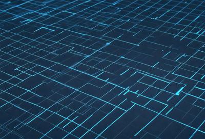 The primary subject of the image is a blue grid pattern. The setting is a dark background, which contrasts with the blue grid pattern. The visual style is a digital art or illustration, as the grid pattern appears to be a digital creation. The colors and mood of the image are predominantly blue, creating a calm and serene atmosphere.
