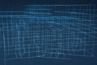 The primary subject of the image is a blue, wire-frame drawing of a building. The setting is a dark blue background, which contrasts with the drawing. The visual style is a digital art or illustration, as it is a wire-frame drawing. The colors and mood of the image are predominantly blue, creating a calm and serene atmosphere.