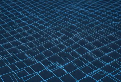 The primary subject of the image is a blue grid pattern. The setting is a dark blue background, which creates a contrast with the grid pattern. The visual style is a digital art or illustration, as the grid pattern appears to be a digital creation. The colors and mood of the image are predominantly dark blue, creating a sense of depth and sophistication.