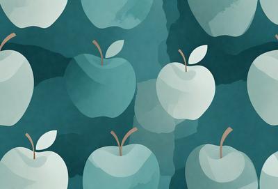 The primary subject of the image is a group of apples. There are six apples in total, each with a stem, and they are arranged in a visually appealing manner. The setting is a blue background, which adds a sense of depth and contrast to the image. The visual style is a combination of digital art and illustration, creating a vibrant and colorful scene. The dominant colors are blue and green, which contribute to the overall mood of the image, which is fresh, lively, and inviting.