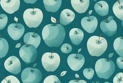 The primary subject of the image is a pattern of apples. The setting is a blue background, and the visual style is a combination of digital art and illustration. The dominant colors are blue and green, creating a calm and soothing atmosphere. The apples are depicted in various sizes and orientations, giving the pattern a dynamic and visually engaging appearance.