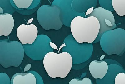 The primary subject of the image is a collection of apples. There are multiple apples in various positions, with some overlapping and others standing alone. The setting is a blue background, which adds a vibrant and lively atmosphere to the scene. The visual style appears to be a combination of digital art and illustration, creating a unique and eye-catching design. The dominant colors are blue and white, with the blue background providing a strong contrast to the white apples.