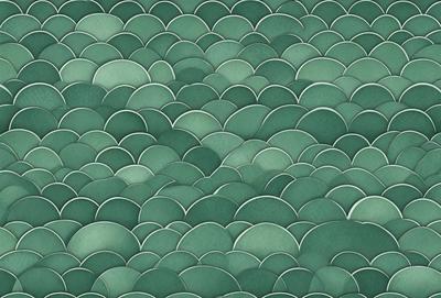The primary subject of the image is a green and white patterned surface, which appears to be a wallpaper or a textile. The setting is a room with a green and white patterned wallpaper or textile covering the walls. The visual style is a close-up of the patterned surface, showcasing the intricate details of the design. The colors and mood of the image are predominantly green and white, creating a calm and soothing atmosphere.