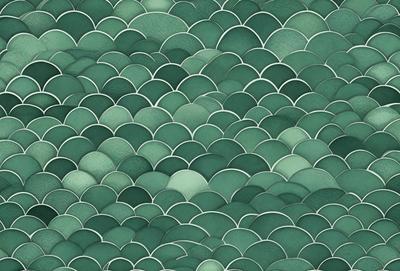 The primary subject of the image is a green and white patterned wallpaper. The setting is a room with a green and white patterned wallpaper covering the walls. The visual style is a close-up of the wallpaper, showcasing its intricate design. The colors and mood of the image are predominantly green and white, creating a calm and soothing atmosphere.