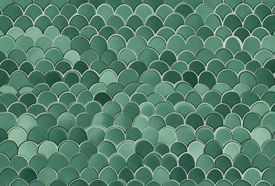 The primary subject of the image is a green and white patterned wallpaper. The setting is a room with a green and white patterned wallpaper covering the walls. The visual style is a close-up of the wallpaper, showcasing its intricate design. The colors and mood of the image are predominantly green and white, creating a calm and soothing atmosphere.