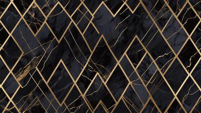The primary subject of the image is a black and gold marble pattern. The setting is a black background, and the visual style appears to be a combination of a photo and digital art. The dominant colors are black and gold, creating a luxurious and elegant atmosphere.