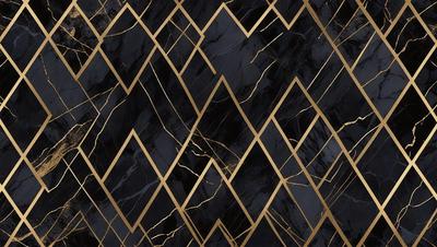The primary subject of the image is a black and gold marble pattern. The setting is a black background, and the visual style appears to be a combination of a photo and digital art. The dominant colors are black and gold, creating a luxurious and elegant atmosphere.