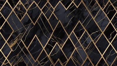 The primary subject of the image is a black and gold marble pattern. The setting is a black background, and the visual style appears to be a combination of a photo and digital art. The dominant colors are black and gold, creating a luxurious and elegant atmosphere.