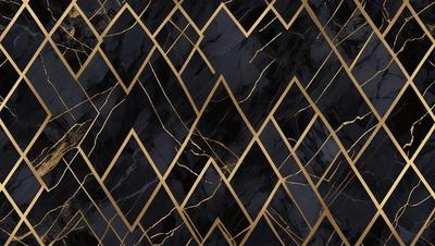 The primary subject of the image is a black and gold marble pattern. The setting is a black background, and the visual style appears to be a combination of a photo and digital art. The dominant colors are black and gold, creating a luxurious and elegant atmosphere.