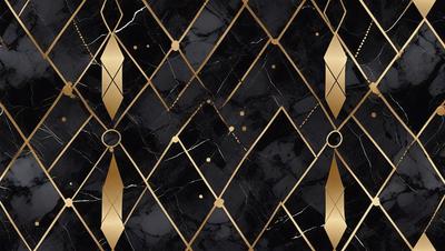 The primary subject of the image is a black and gold marble pattern. The setting is a black and gold marble wall, which serves as the background. The visual style is a combination of a photo and digital art, creating a unique and intricate pattern. The colors and mood of the image are predominantly black and gold, giving it a luxurious and elegant appearance.