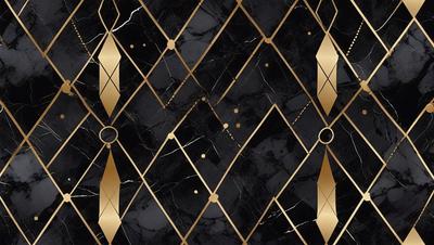 The primary subject of the image is a black and gold marble pattern. The setting is a black and gold marble wall, which serves as the background. The visual style is a combination of a photo and digital art, creating a unique and intricate pattern. The colors and mood of the image are predominantly black and gold, giving it a luxurious and elegant appearance.