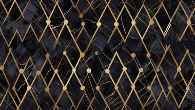 The primary subject of the image is a patterned wallpaper with a gold and black color scheme. The setting is a room with a black background, and the visual style appears to be a combination of digital art and illustration. The overall atmosphere is elegant and sophisticated, with the gold and black colors creating a luxurious and timeless appearance.