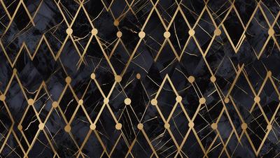 The primary subject of the image is a patterned wallpaper with a gold and black color scheme. The setting is a room with a black background, and the visual style appears to be a combination of digital art and illustration. The overall atmosphere is elegant and sophisticated, with the gold and black colors creating a luxurious and timeless appearance.