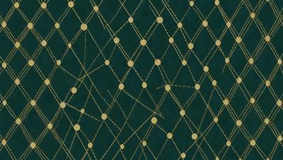 The primary subject of the image is a green fabric with a pattern of gold circles. The setting is a close-up view of the fabric, showcasing the intricate design. The visual style is a detailed, textured representation of the fabric. The colors and mood are a combination of green and gold, giving the fabric a warm and elegant appearance.