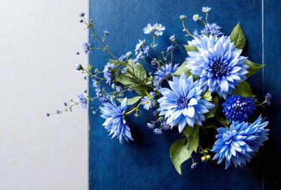 The primary subject of the image is a beautiful bouquet of blue flowers, which are arranged in a vase. The setting is a blue wall, which serves as a stunning backdrop for the flowers. The visual style of the image is a close-up of the flowers, showcasing their vibrant colors and intricate details. The overall atmosphere of the image is serene and calming, with the blue flowers creating a sense of tranquility and natural beauty.