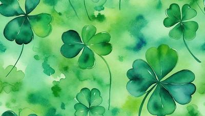 The primary subject of the image is a close-up of a green plant with four large leaves, which are likely shamrocks. The setting is a green background, and the visual style appears to be a painting or illustration. The colors are predominantly green, and the mood is lively and vibrant.