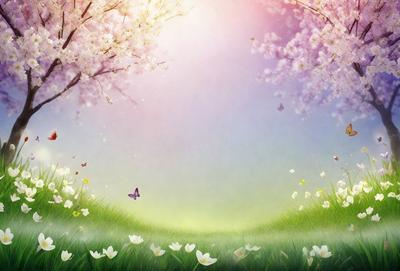 Primary subject: A field of flowers with a butterfly flying through it.

Setting/background: The field is surrounded by a grassy area with a tree in the background.

Visual style: The image is a digital art or illustration.

Colors and mood: The colors are predominantly white and pink, creating a serene and peaceful atmosphere.