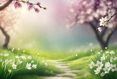 The primary subject of the image is a path surrounded by flowers, creating a serene and picturesque scene. The setting is a grassy field with a tree in the background, adding to the natural ambiance. The visual style is a digital art or illustration, showcasing the beauty of the flowers and the path. The colors and mood are predominantly green and calming, with the flowers adding a touch of vibrancy to the scene.