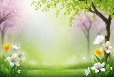 The primary subject of the image is a field of flowers, with a variety of white flowers spread across the grass. The setting is a lush green field, and the visual style is a digital art or illustration. The colors and mood of the image are predominantly green and serene, creating a peaceful and natural atmosphere.