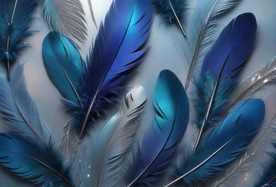 The primary subject of the image is a close-up of a blue feather. The setting is a white background, which provides a clean and minimalistic look. The visual style is a combination of a photo and digital art, as the feather appears to be a part of a larger pattern or design. The colors and mood of the image are predominantly blue, creating a calm and serene atmosphere.