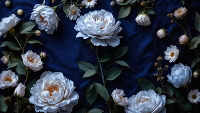 The primary subject of the image is a bouquet of white flowers, which are arranged in a visually appealing manner. The flowers are placed on a blue background, creating a striking contrast between the white flowers and the dark blue fabric. The visual style of the image is a close-up of the flowers, showcasing their details and beauty. The colors and mood of the image are predominantly white and blue, giving it a serene and calming atmosphere.