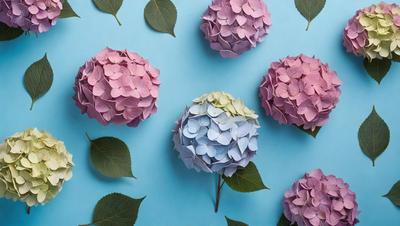 The primary subject of the image is a group of four flowers, each with a different color, placed on a blue surface. The flowers are arranged in a visually appealing manner, creating a sense of harmony and beauty. The setting appears to be a studio or a carefully planned display, as the flowers are placed in a way that highlights their unique colors and shapes. The visual style of the image is a combination of photography and digital art, as the flowers are captured in a close-up shot, while the blue surface adds a