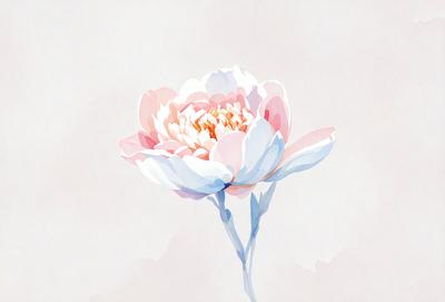 The primary subject of the image is a single pink flower with a yellow center, sitting on a stem. The setting is a white background, which provides a clean and minimalist appearance. The visual style is a watercolor painting, giving the image a delicate and artistic touch. The dominant colors are pink and white, creating a soft and serene atmosphere.