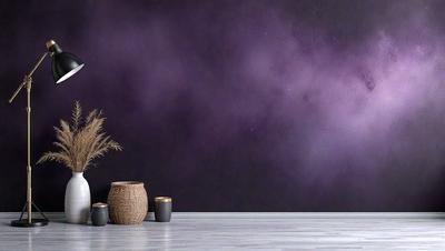 The primary subject of the image is a vase with candles in it, placed on a wooden table. The setting is a room with a purple wall, which creates a unique and calming atmosphere. The visual style is a photo, capturing the details of the vase and the candles. The colors and mood of the image are predominantly purple, giving it a serene and peaceful ambiance.