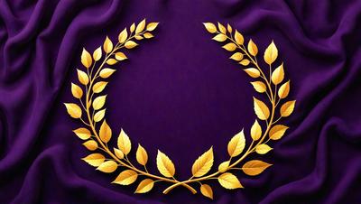 The primary subject of the image is a gold wreath with leaves, which is placed on a purple background. The wreath is the main object, and it is the center of attention in the scene. The setting is a purple cloth, which serves as the backdrop for the wreath. The visual style of the image is a combination of digital art and illustration, as it appears to be a well-crafted and detailed design. The colors in the image are predominantly gold and purple, creating a