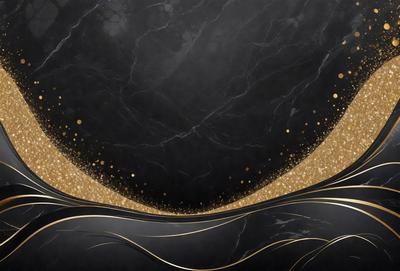 The primary subject of the image is a black marble surface with a gold circle in the center. The setting is a dark room, and the visual style is a combination of digital art and illustration. The dominant colors are black and gold, creating a sophisticated and elegant atmosphere.