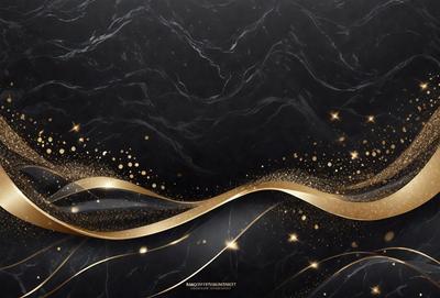 The primary subject of the image is a black background with gold stars and a gold wave pattern. The setting is a dark background, and the visual style is a digital art or illustration. The dominant colors are gold and black, creating a bold and striking atmosphere.