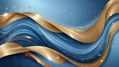 The primary subject of the image is a blue and gold swirl pattern. The setting is a blue background, and the visual style appears to be a digital art or illustration. The dominant colors are blue and gold, creating a sense of movement and elegance.