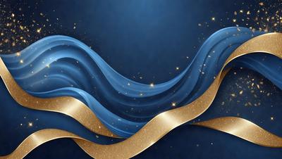 The primary subject of the image is a blue and gold swirl pattern. The setting is a blue background, and the visual style is digital art. The dominant colors are blue and gold, creating a sense of movement and elegance.