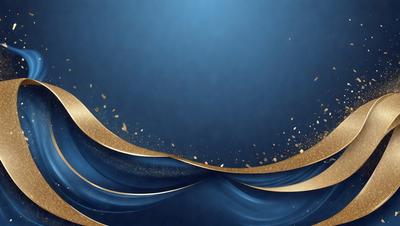 The primary subject of the image is a blue background with gold accents. The setting is a stage or a backdrop for a performance or an event. The visual style is a combination of digital art and illustration, creating a unique and eye-catching design. The dominant colors are blue and gold, giving the scene a sophisticated and elegant atmosphere.