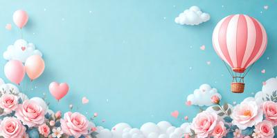 The primary subject of the image is a blue background with a cloudy sky. The setting is a cloudy sky, and the visual style is digital art. The dominant colors are blue and white, creating a calm and serene atmosphere. The image features a heart-shaped frame with pink flowers and hearts scattered throughout the scene, adding a touch of warmth and love to the overall composition.