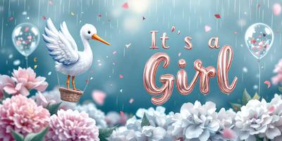 The primary subject of the image is a baby bird sitting in a basket filled with flowers. The setting is a rainy day, as indicated by the rain falling in the background. The visual style is a digital art illustration, with the bird and flowers depicted in a vibrant pink color. The overall atmosphere is warm and inviting, with the baby bird and flowers creating a sense of comfort and protection.