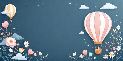 The primary subject of the image is a heart-shaped balloon, which is floating in the sky. The setting is a blue background, and the visual style is a digital art illustration. The colors and mood of the image are predominantly pink and cheerful, creating a warm and inviting atmosphere.