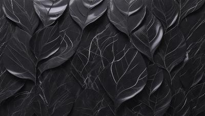 The primary subject of the image is a black and white pattern of leaves, which are arranged in a visually appealing manner. The setting is a black background, which contrasts with the white and black leaves. The visual style is a combination of a photo and digital art, creating a unique and artistic representation of the leaves. The colors and mood of the image are predominantly black and white, giving it a classic and timeless appearance.