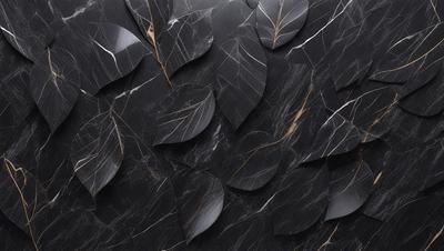 The primary subject of the image is a black marble wall with a pattern of leaves carved into it. The setting is a room with a black marble countertop. The visual style is a close-up of the marble wall, showcasing the intricate carvings. The colors and mood of the image are dark and dramatic, with the black marble and leaves creating a striking contrast.
