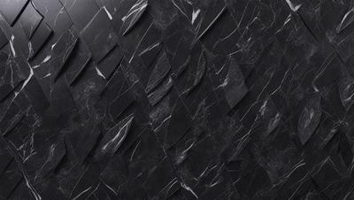 The primary subject of the image is a black marble wall with a pattern of white and black stripes. The setting is a room with a black background, and the visual style is a close-up of the marble wall. The colors and mood of the image are predominantly black and white, creating a striking and elegant appearance.